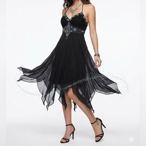 VTG 90’s Y2K Sue Wong Silk Beaded Midi Dress Asymmetric Witchy Whimsigoth Sz 6